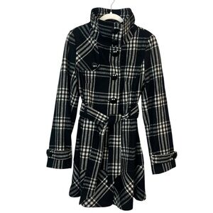 Express Belted Plaid Long Peacoat Black and White sz M Wool Blend